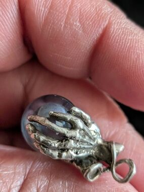 Vintage Sterling Silver Hand  Holding Glass Orb Marble Pendant